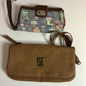 2 FOR 1…..BOTH VEGAN LEATHER “OWL” THEMED…CROSSBODY AND WRISTLET/WALLET
